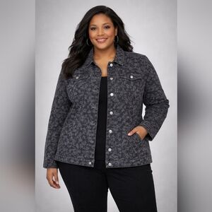 Women's Charter Club Black Gray Floral Quilted Jacket XL